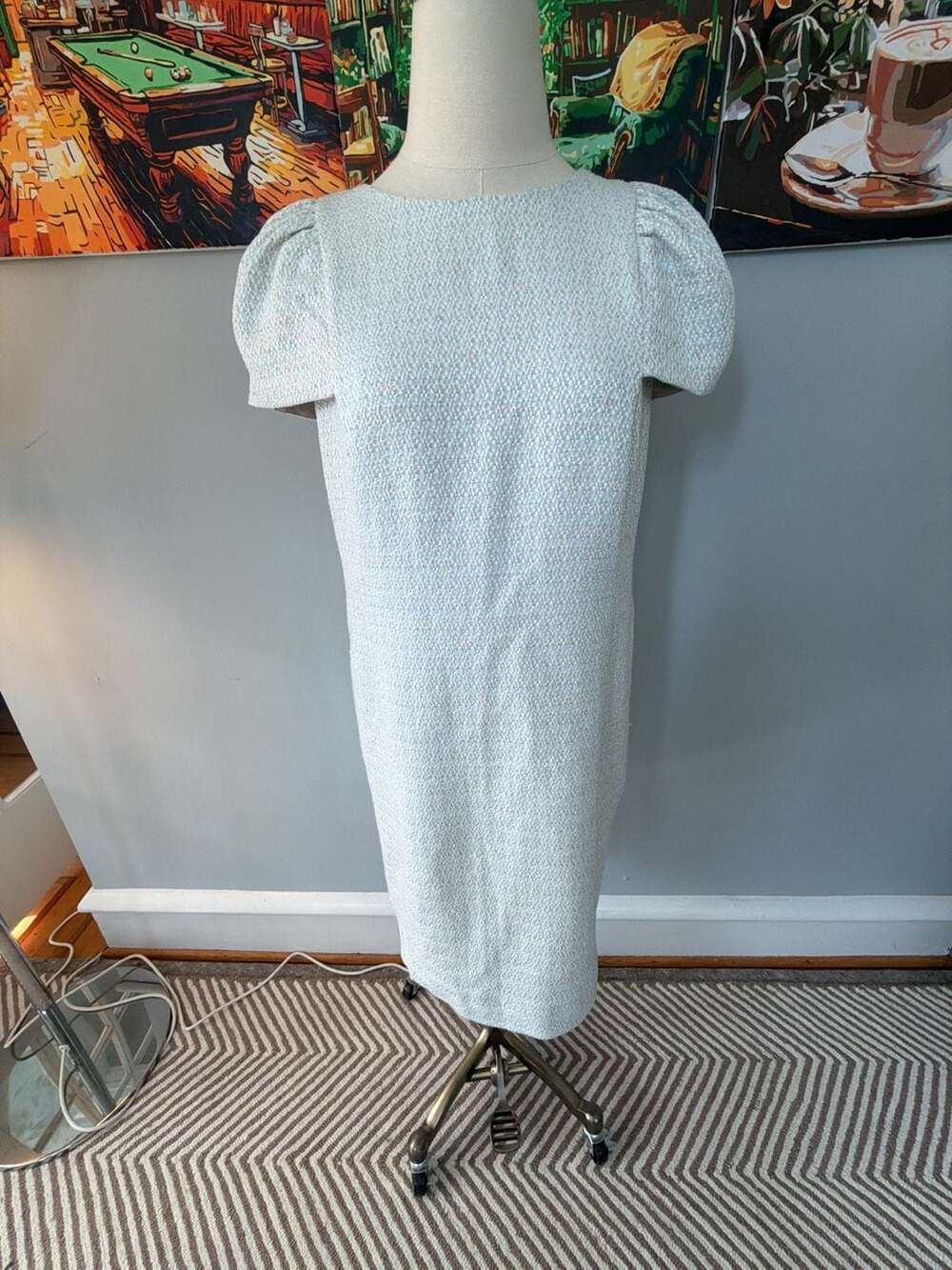 Reiss Amis Ice Blue Tweed Puff Sleeve Mini Shift Dress size 8